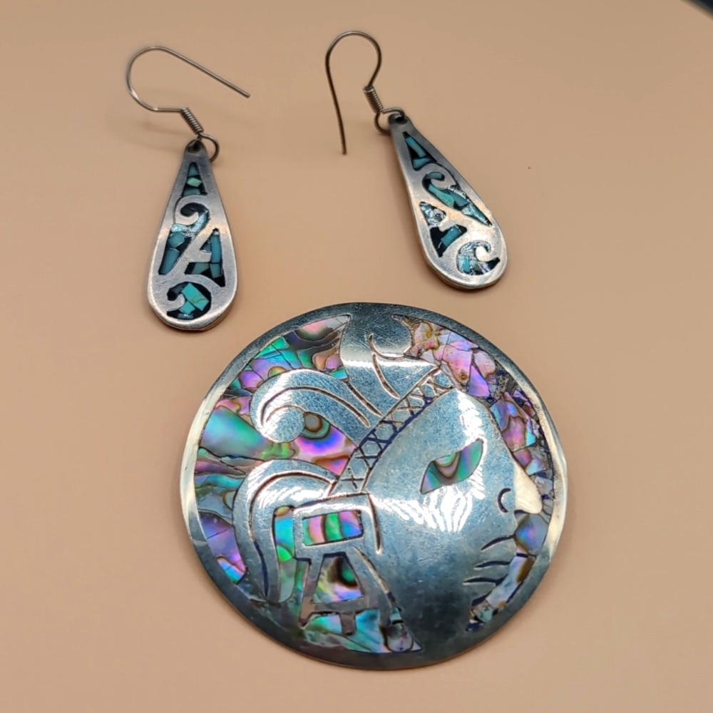 Silver Taxco Brooch Abalone Detail/ Silver Earrings With Blue Mosaic Detail